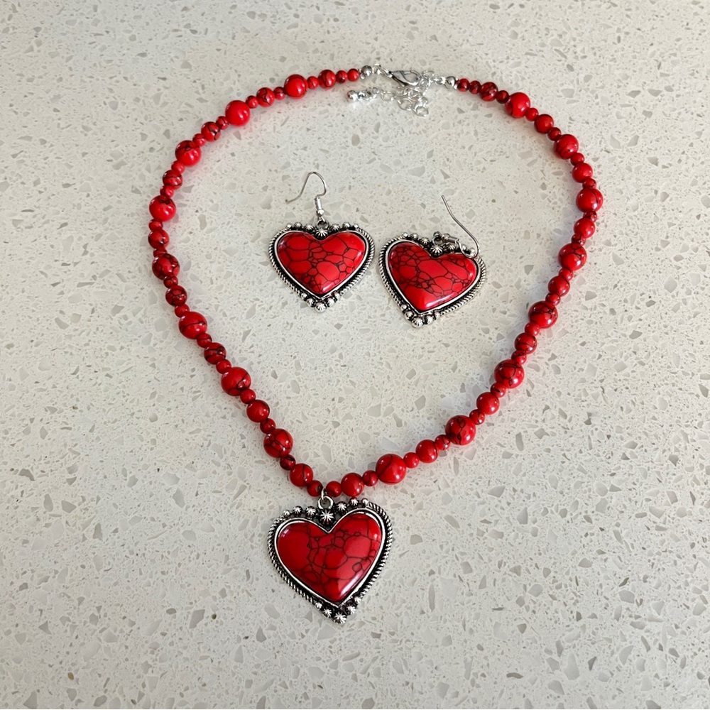 3 Pcs Fake‎ red Turquoise Stone Decor heart Pendant Necklace Earring Jewelry Set
